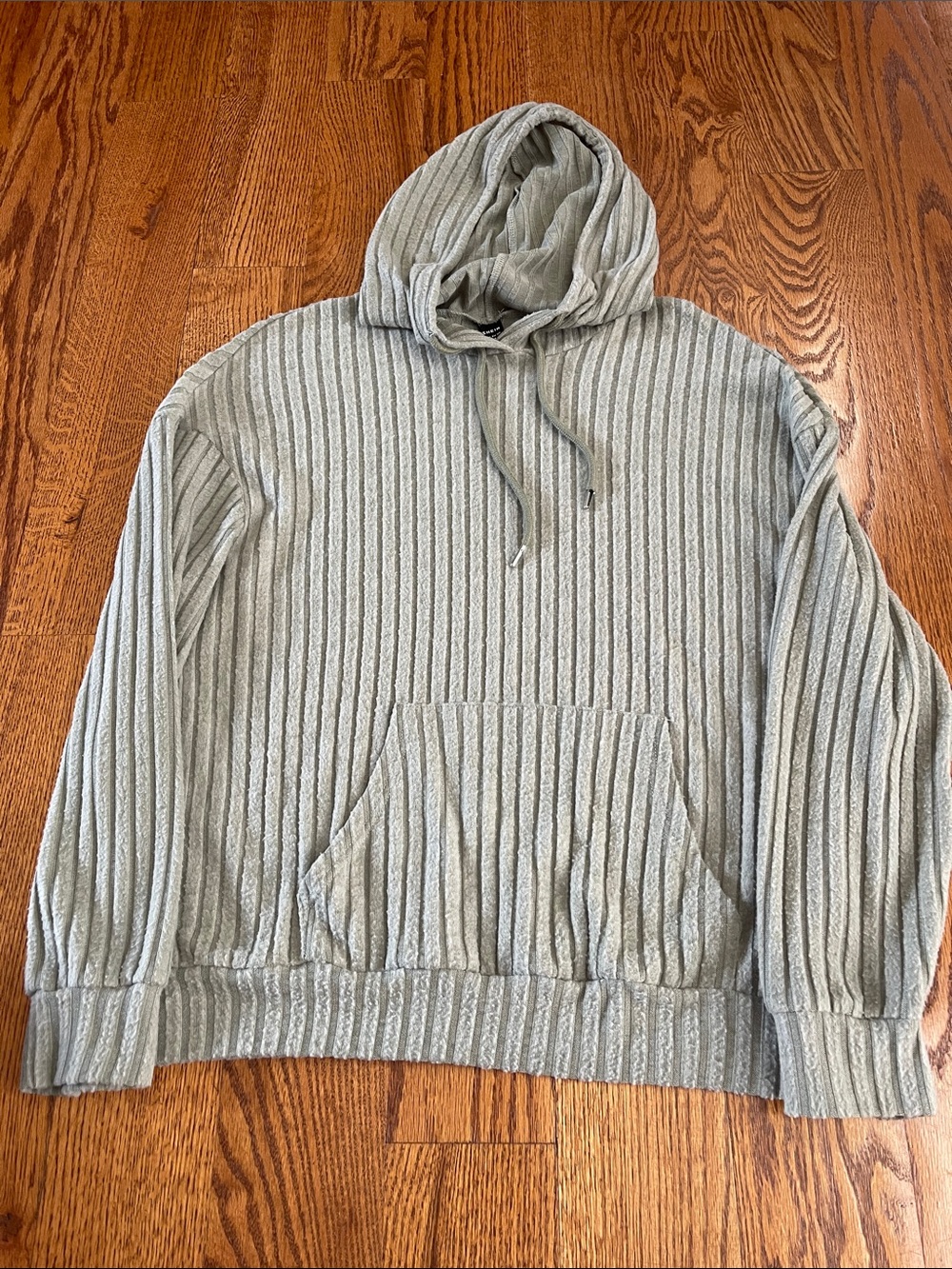 SHEIN Light Gray Ribbed Knit Hooded Pullover